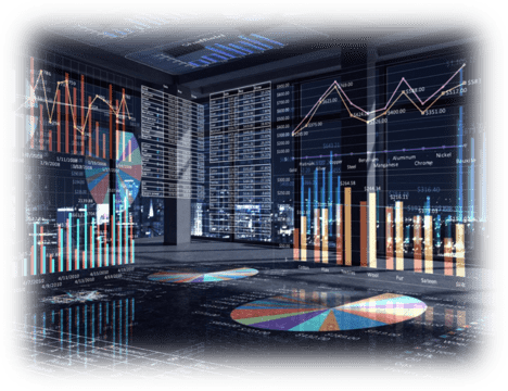 complAIzer Futuristisches Büro mit mehreren großen Bildschirmen, auf denen verschiedene Datendiagramme, Grafiken und Finanzstatistiken angezeigt werden, in einem dunklen, reflektierenden Raum mit Blick auf eine Stadtlandschaft bei Nacht. nextgencomplaince