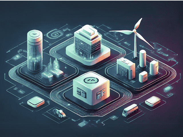 complAIzer Eine digitale Illustration einer futuristischen Smart City zeigt Gebäude, eine Windturbine, Fahrzeuge und miteinander verbundene kreislaufartige Wege auf einem dunklen Hintergrund. nextgencomplaince